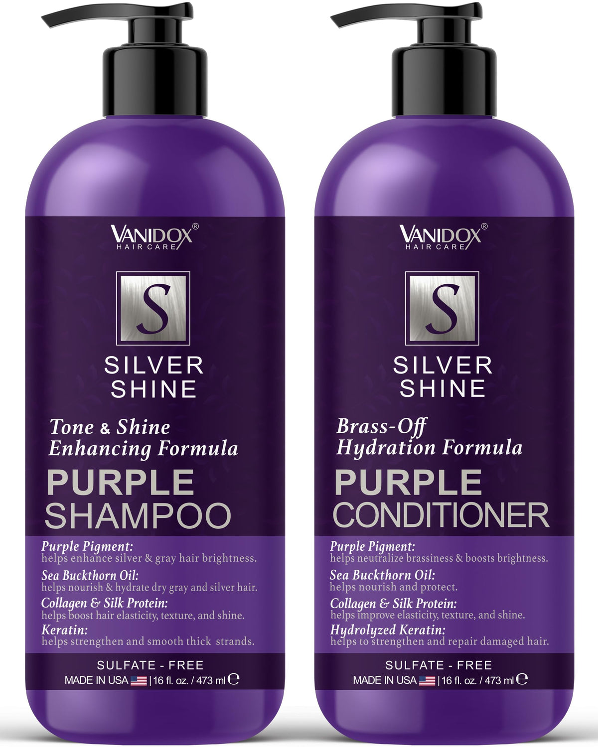 Vanidox sulfate-free purple shampoo bottle—neutralizes brassiness and preserves cool silver tones.