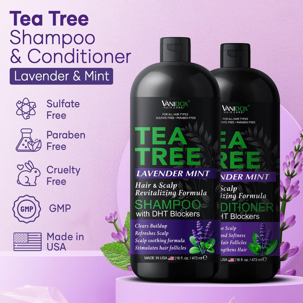 Vanidox Tea Tree Conditioner bottle highlighting detangling performance.