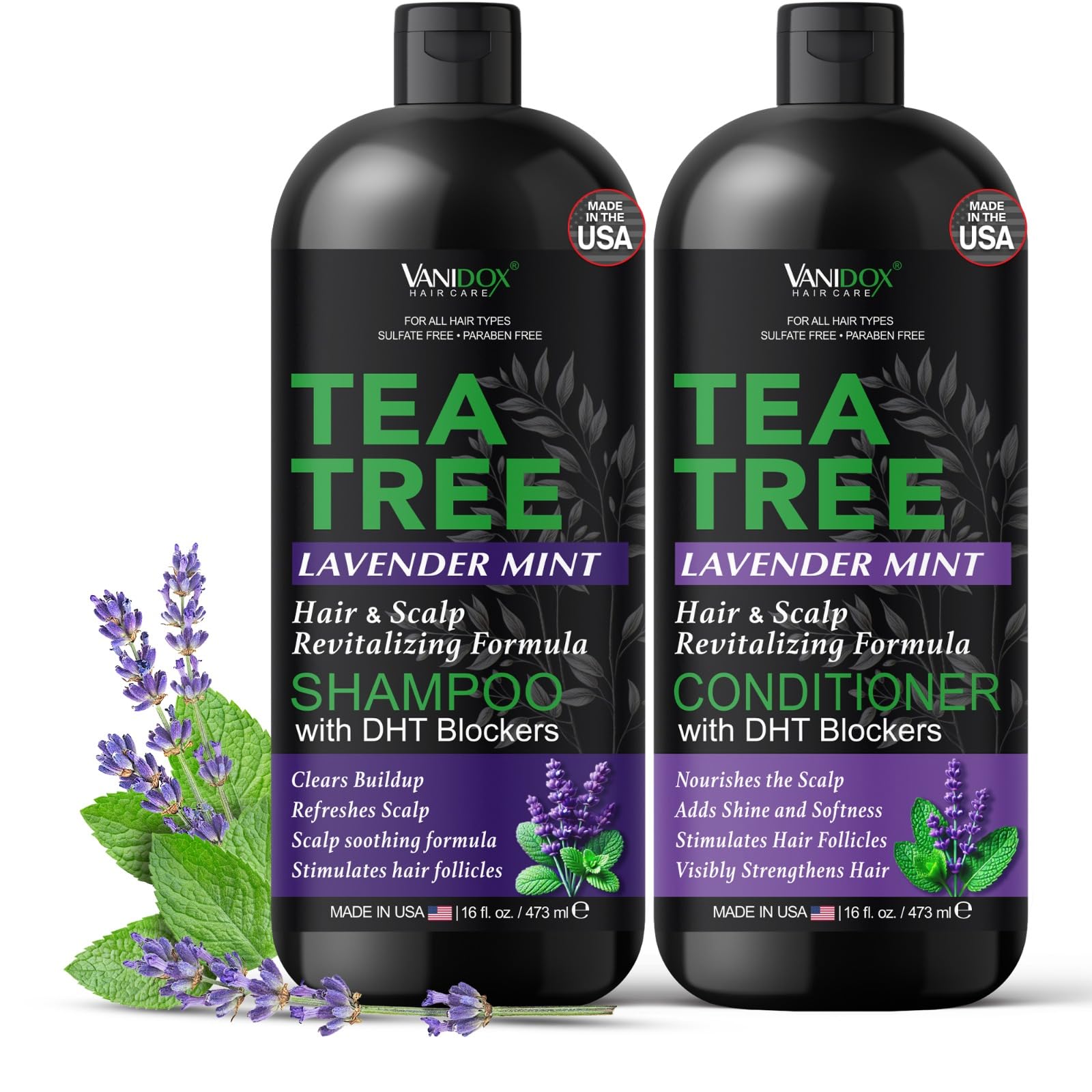 Vanidox Tea Tree Shampoo bottle showing a refreshing scalp cleanse.