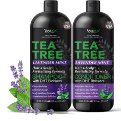 Vanidox Tea Tree Shampoo bottle showing a refreshing scalp cleanse.