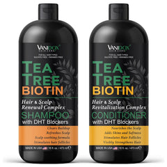 VANIDOX tea tree shampoo bottle shows refreshing cleanse and scalp care benefits