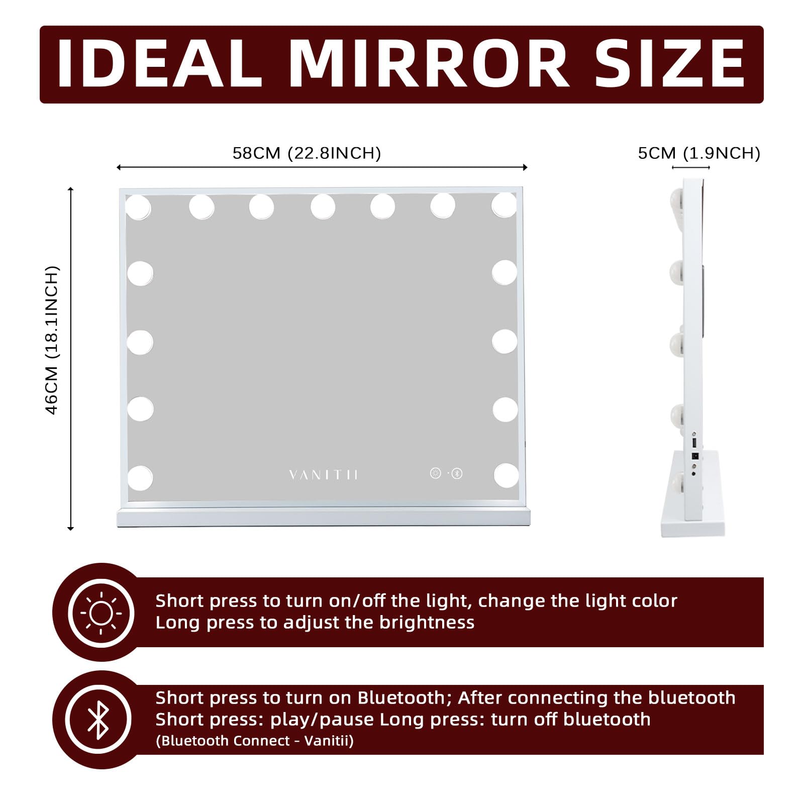 VANITII GLOBAL vanity mirror with Bluetooth speaker for music during makeup