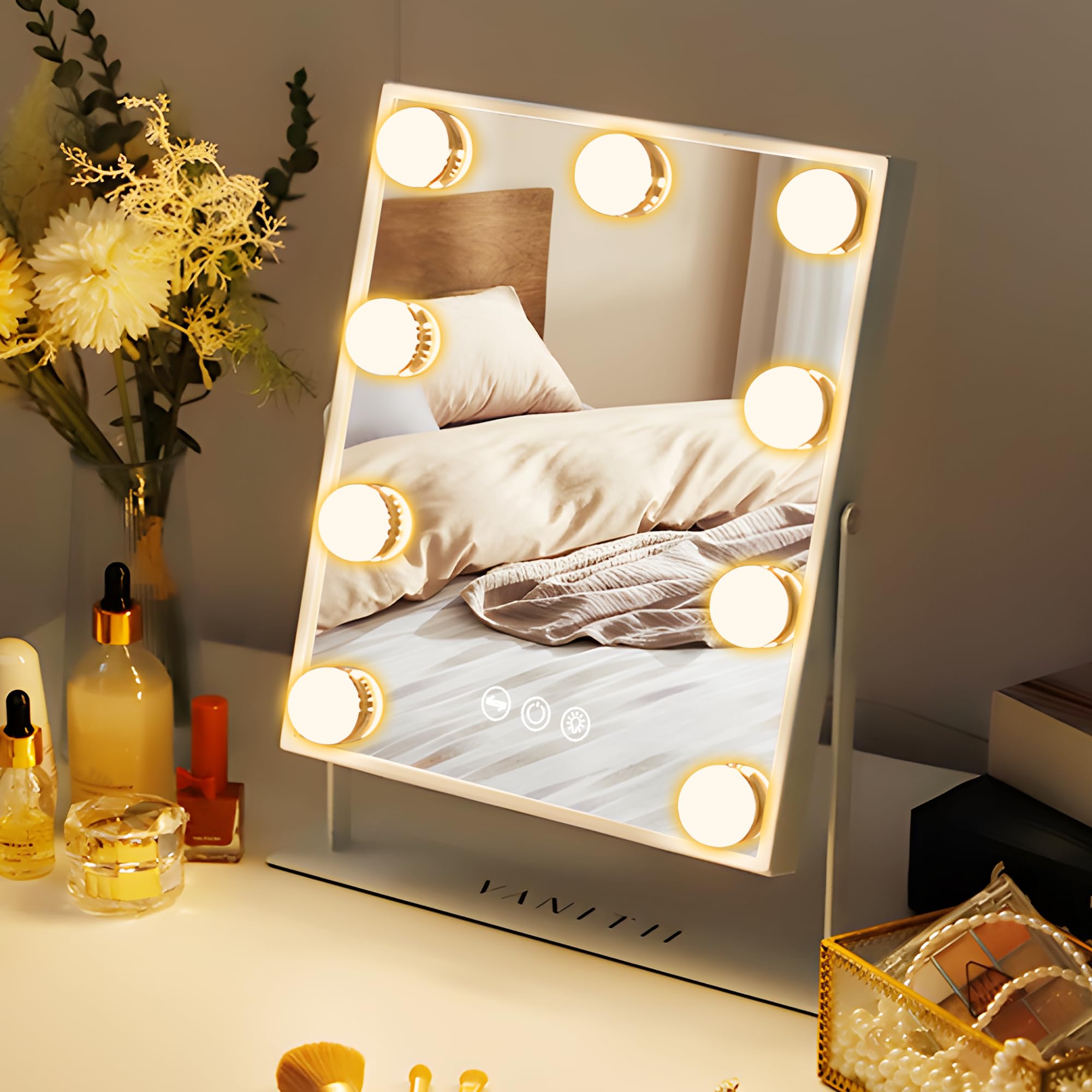 VANITII GLOBAL desk mirror with lights demonstrates stable makeup setup