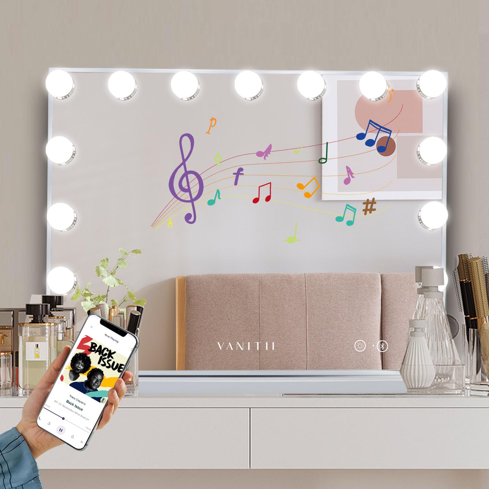 VANITII GLOBAL packaging includes pre-assembled mirror and attachments for quick setup