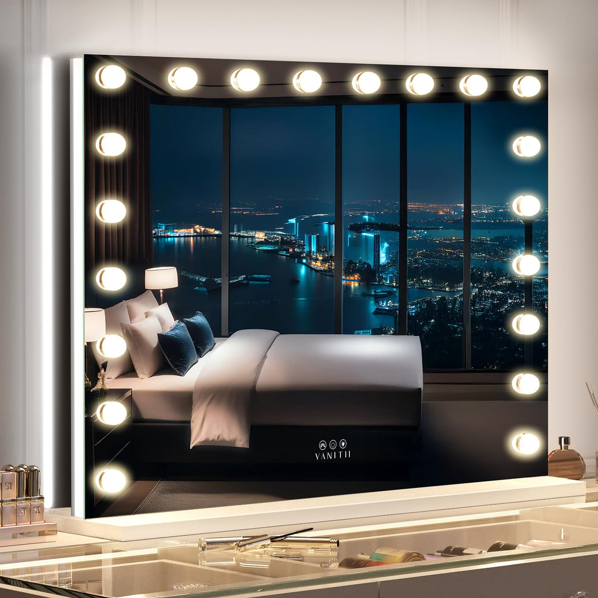 VANITII Global vanity mirror 40x32 backlit panel offers precise makeup lighting.