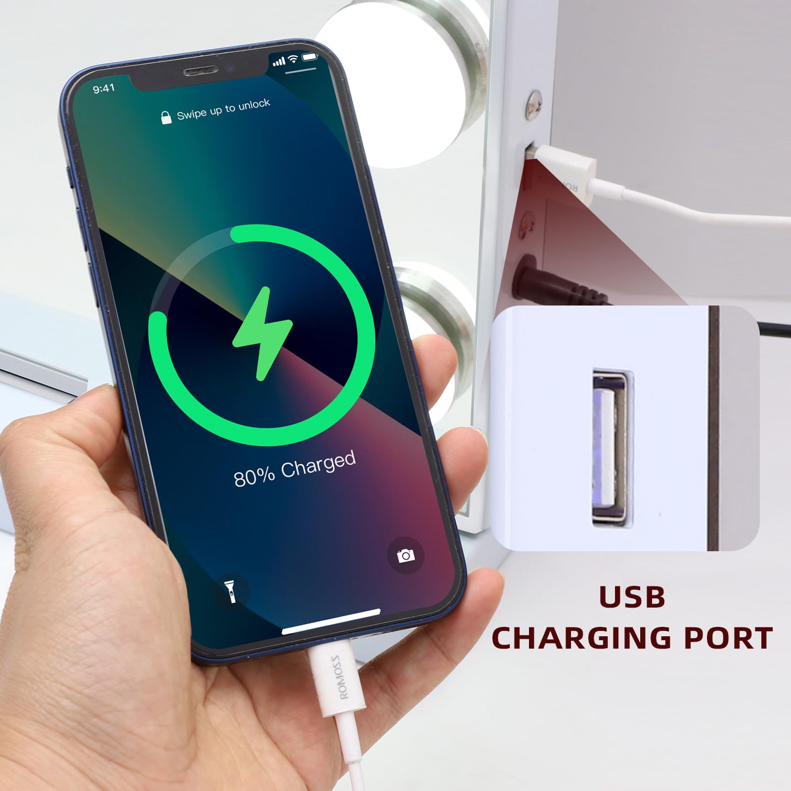 VANITII vanity mirror USB charging port on the side powers devices during beauty routines