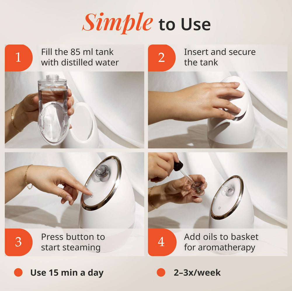 Aira in use with gentle steam enveloping skin for comfortable treatment.