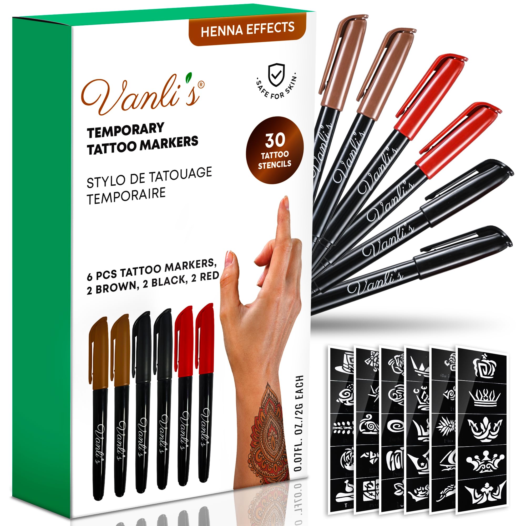 Vanli's temporary tattoo markers six pens offer crisp color for creative skin art.