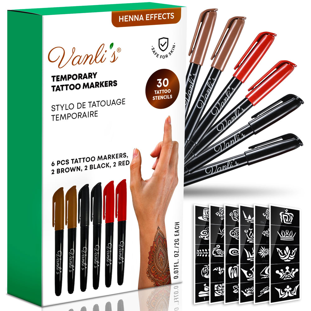 Vanli's temporary tattoo markers six pens offer crisp color for creative skin art.