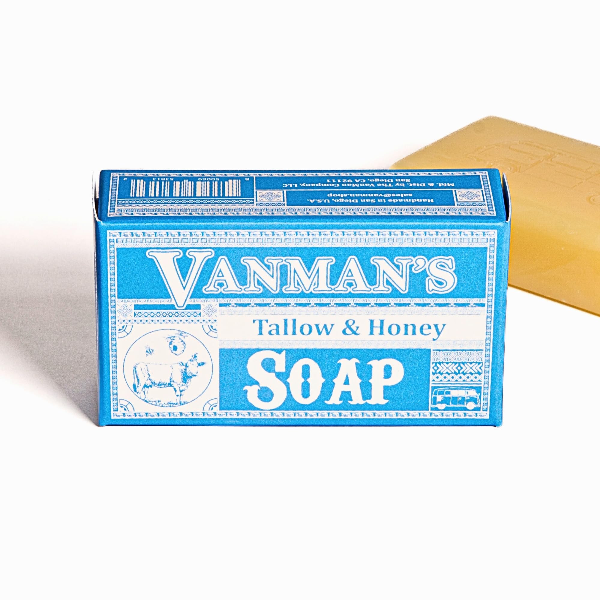 The VanMan Company barra jabón manteca de res miel agua destilada, hidratación suave.