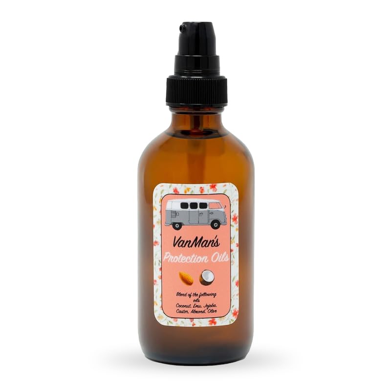 VanMan Protection Oil bottle pouring to hydrate dry, frizzy hair.