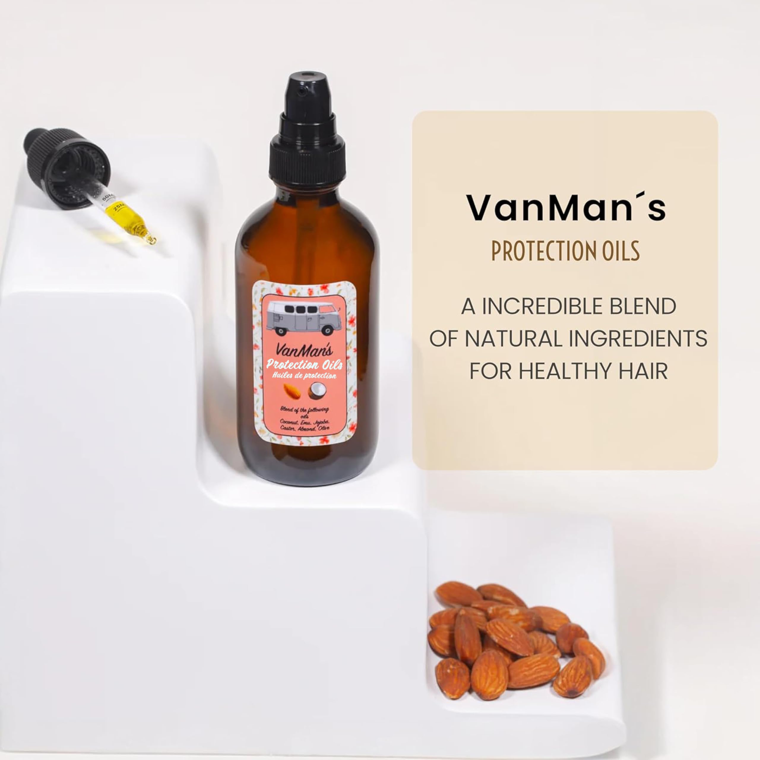 Hands applying VanMan Protection Oil to hair lengths for smoothness.