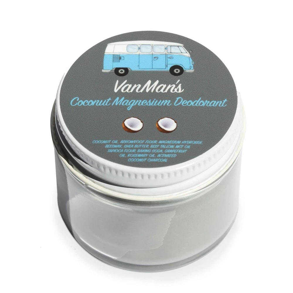 VanMan’s deodorant tube showing handmade coconut-magnesium formula for gentle odor control and daily freshness.