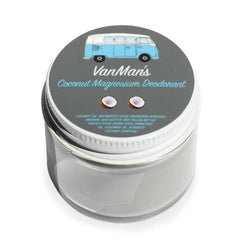 VanMan’s deodorant tube showing handmade coconut-magnesium formula for gentle odor control and daily freshness.