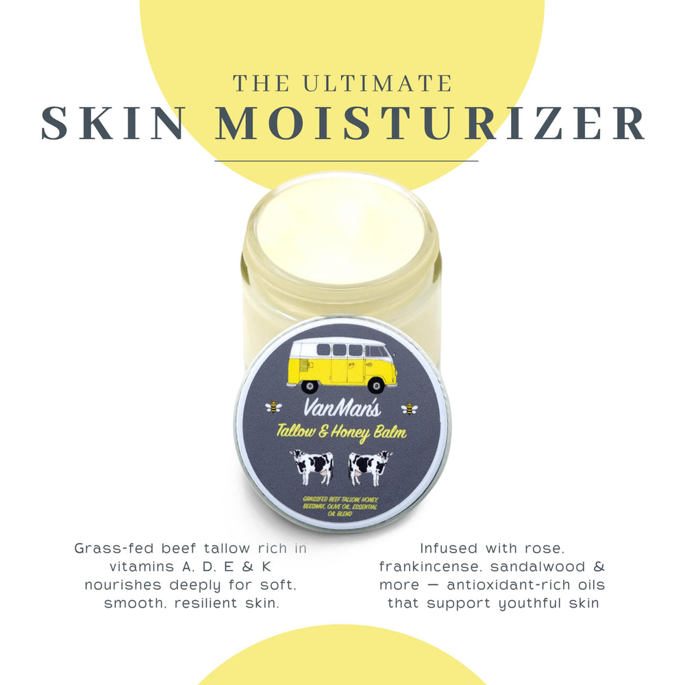 The VanMan Company Vanman's balm applied on hands demonstrates versatile face and body use.