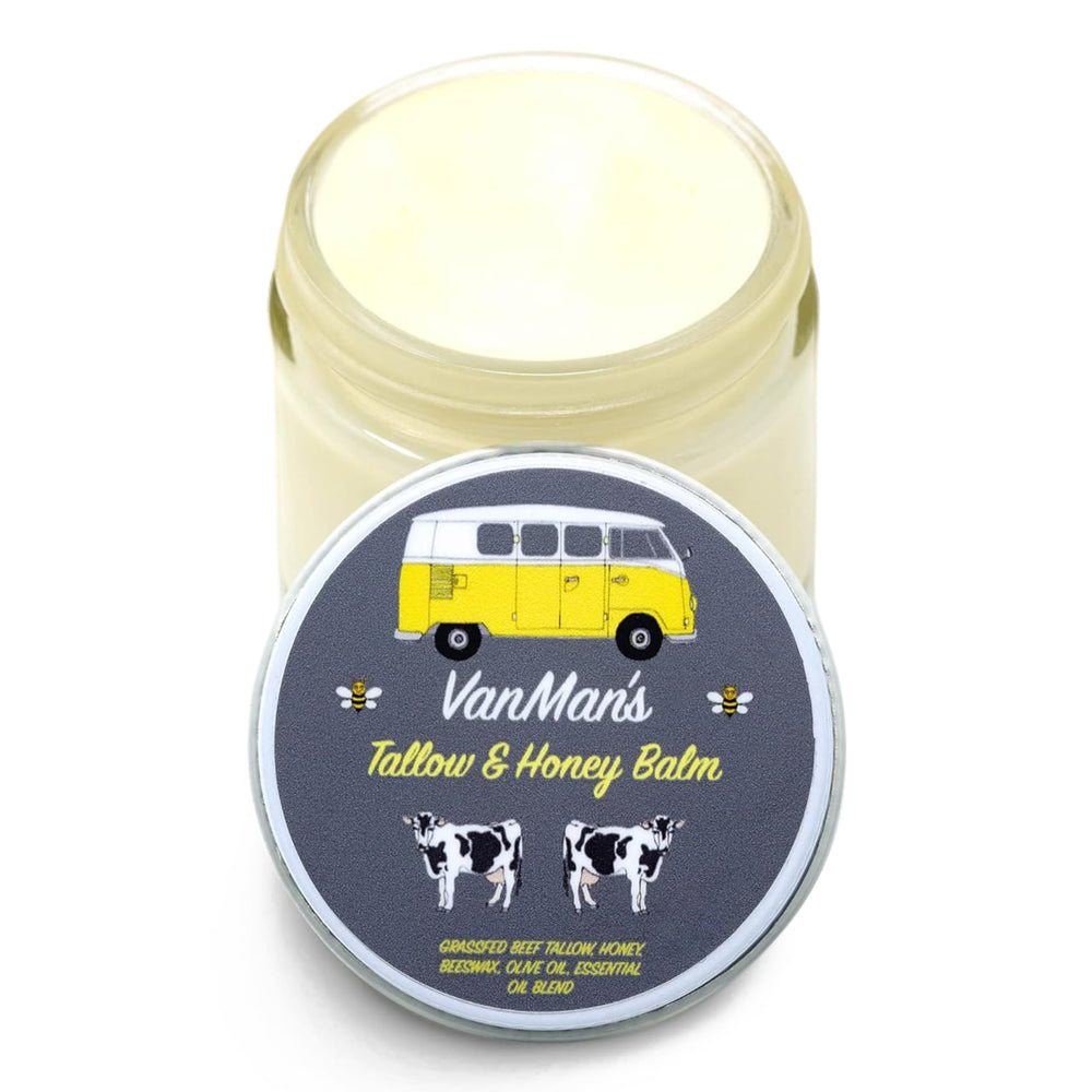 The VanMan Company Vanman's Tallow and Honey Balm jar closeup highlights creamy texture for moisturized skin.