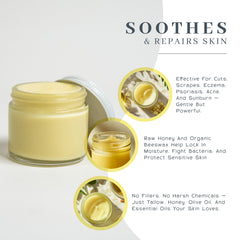 The VanMan Company Vanman's balm with rose, sandalwood, Rosalina oils; aroma evokes spa-like calm.