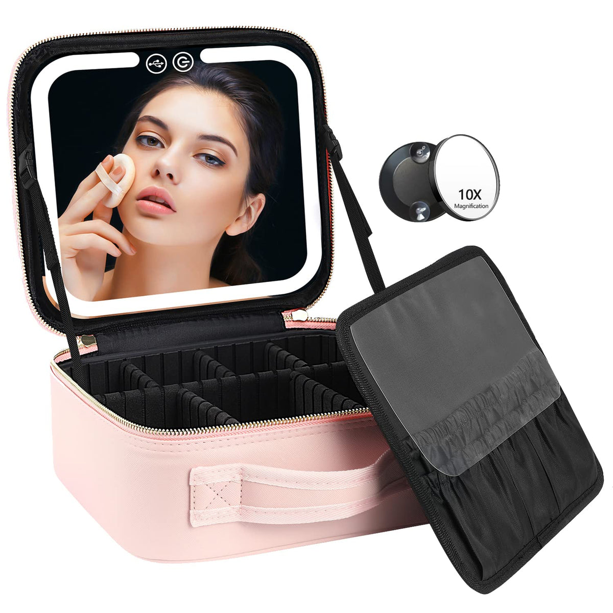 VANMRIOR travel makeup bag opened to reveal built-in mirror and LED lighting for easy on-the-go makeup.