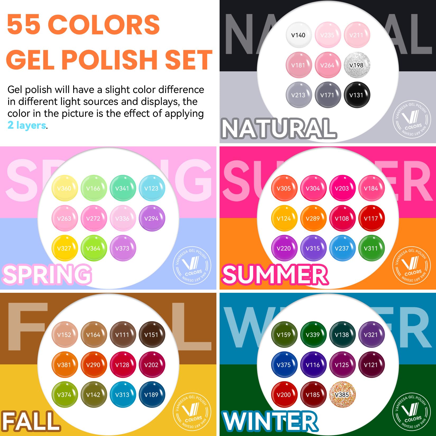 VANREESA 55-colors palette showcases vibrant shades for versatile nail designs.