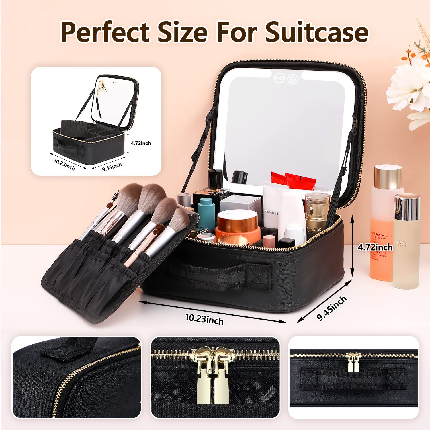 VANMRIOR travel makeup bag dimensions show portable travel size.