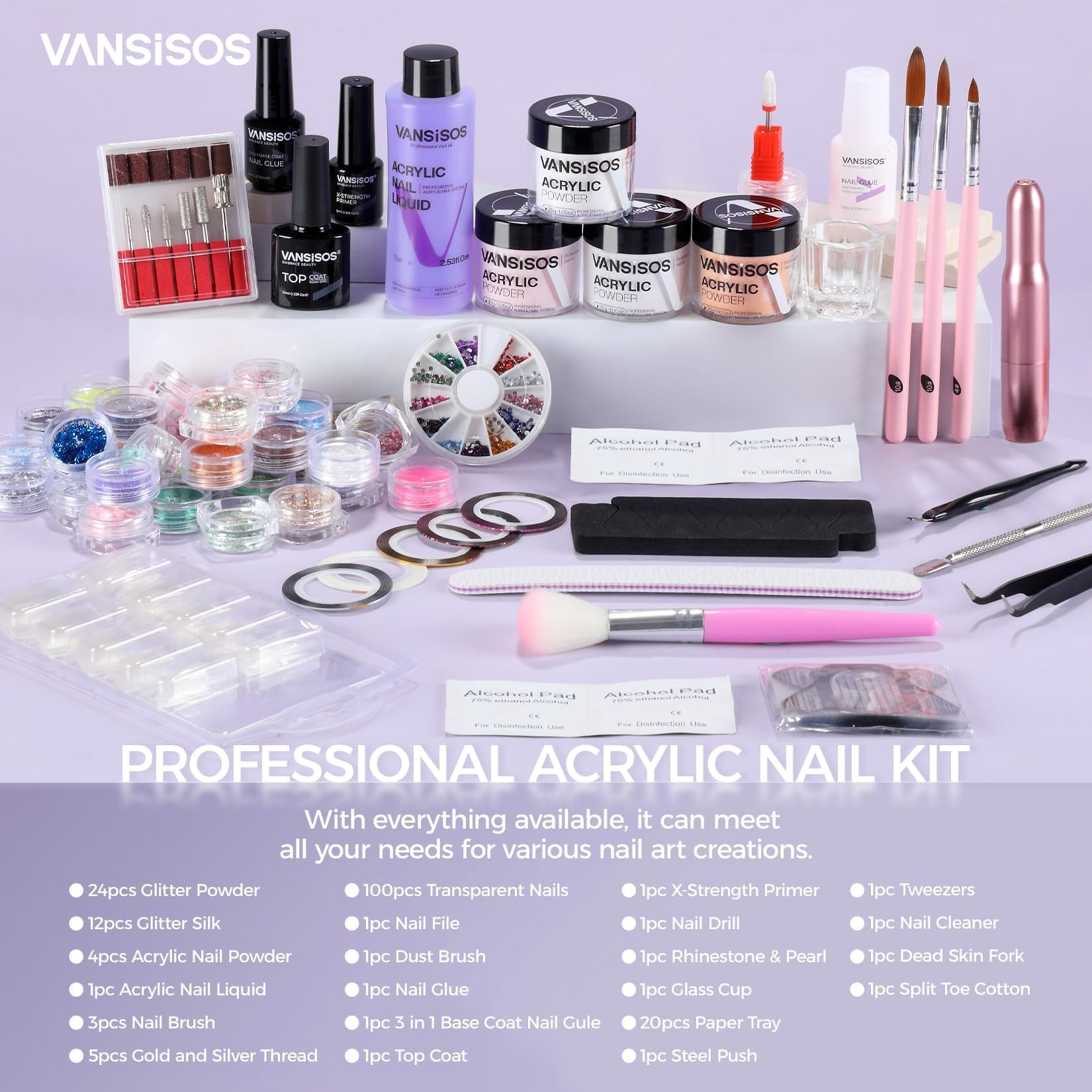 VANSISOS acrylic liquid and powder set ensures smooth sculpting and durable results.