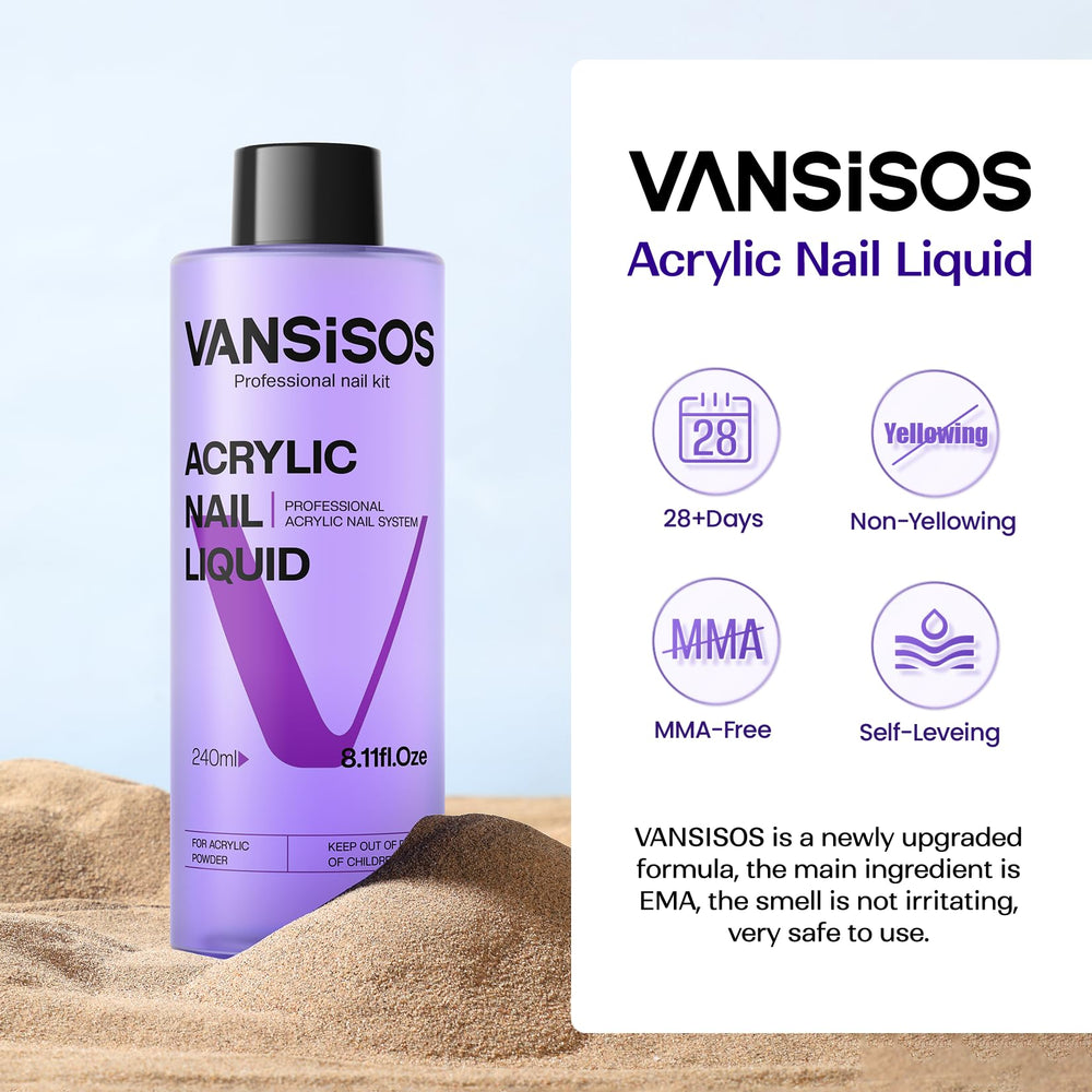 VANSISOS acrylic liquid closeup shows crystal-clear, non-yellowing finish.