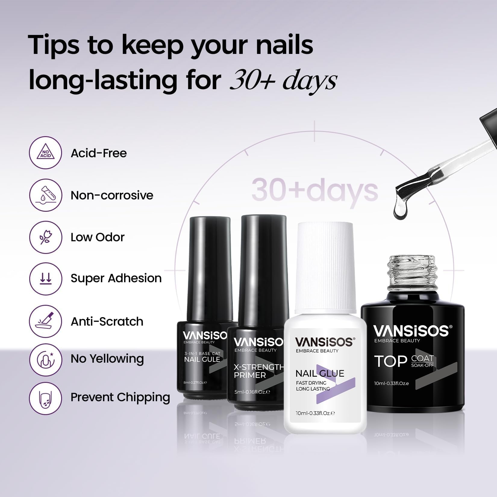 VANSISOS top coat and basic tools showcase professional finishing touches.