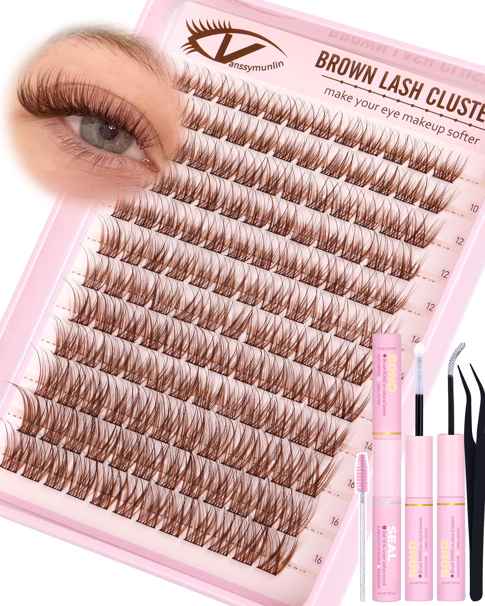 Vanssymunlin Brown Wispy Clusters closeup shows warm blend for natural-looking lashes.