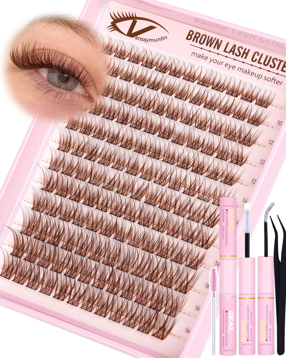 Vanssymunlin brown wispy lash clusters kit 10-16mm lengths for natural lift