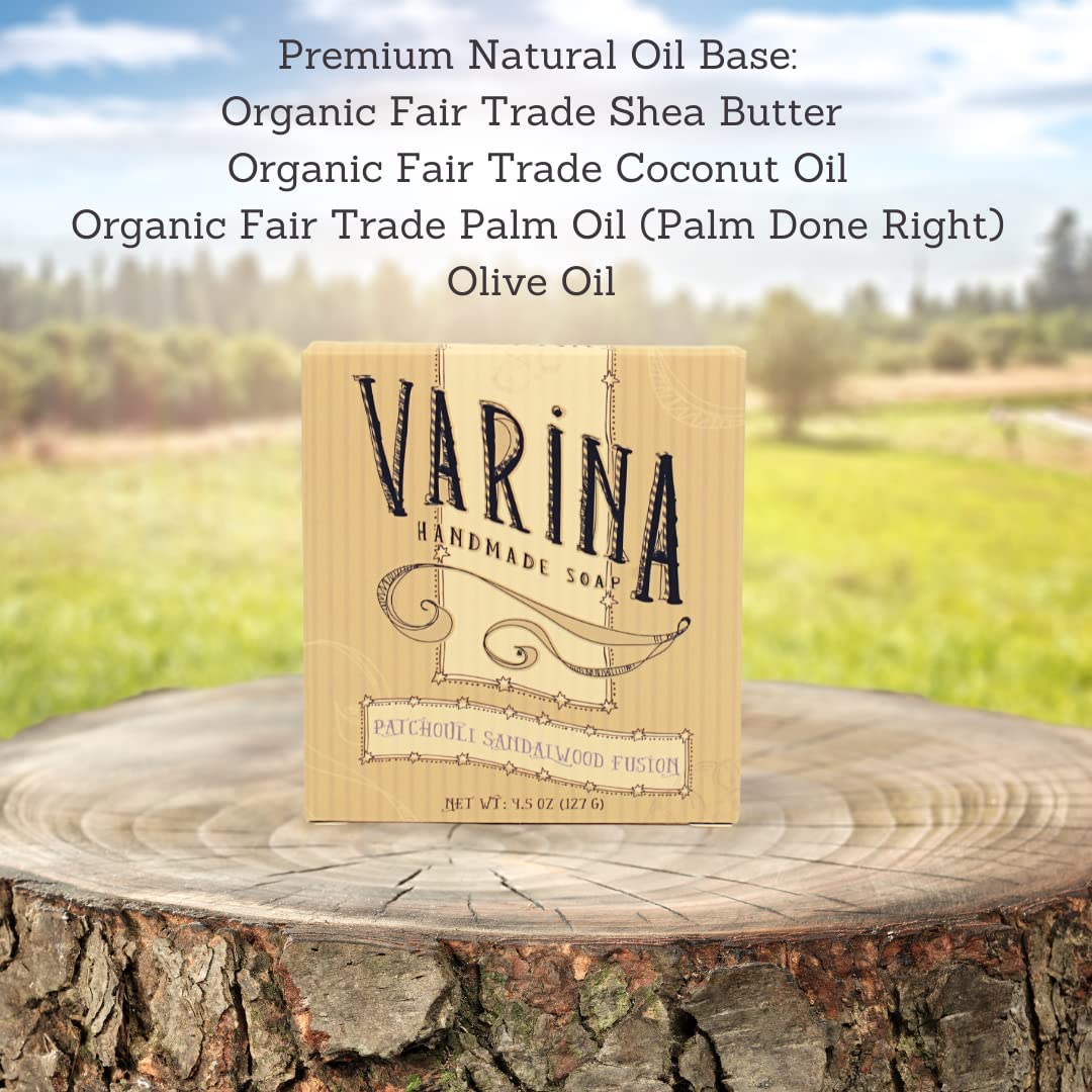 Varina Patchouli Sandalwood soap bar texture highlighting creamy lather and natural ingredients.
