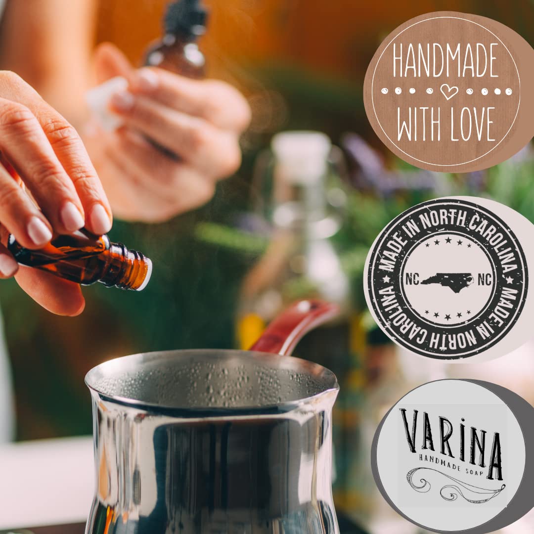 Varina Patchouli Sandalwood soap bar with hands demonstrating gentle cleansing for sensitive skin.