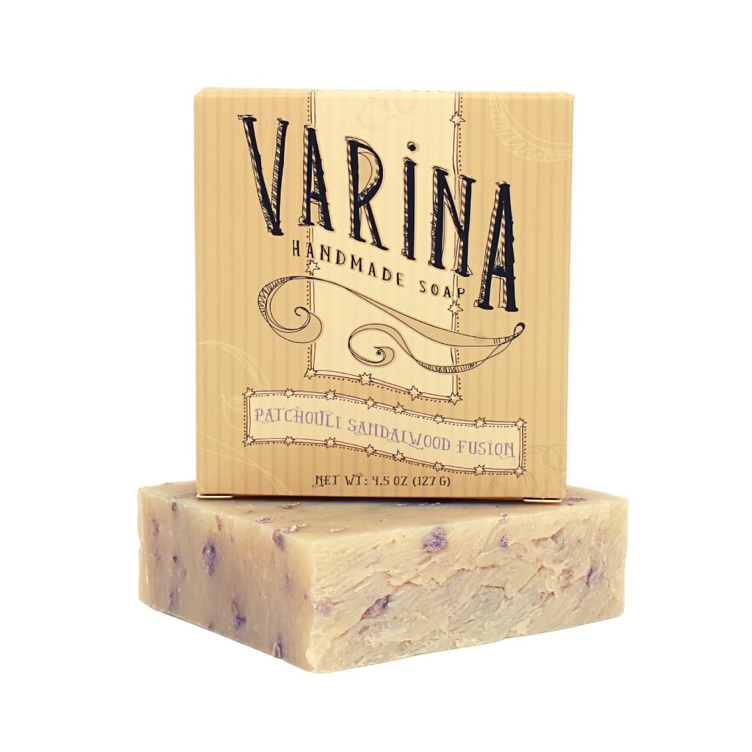 Varina Patchouli Sandalwood soap bar stack showing natural appearance and earthy aroma.