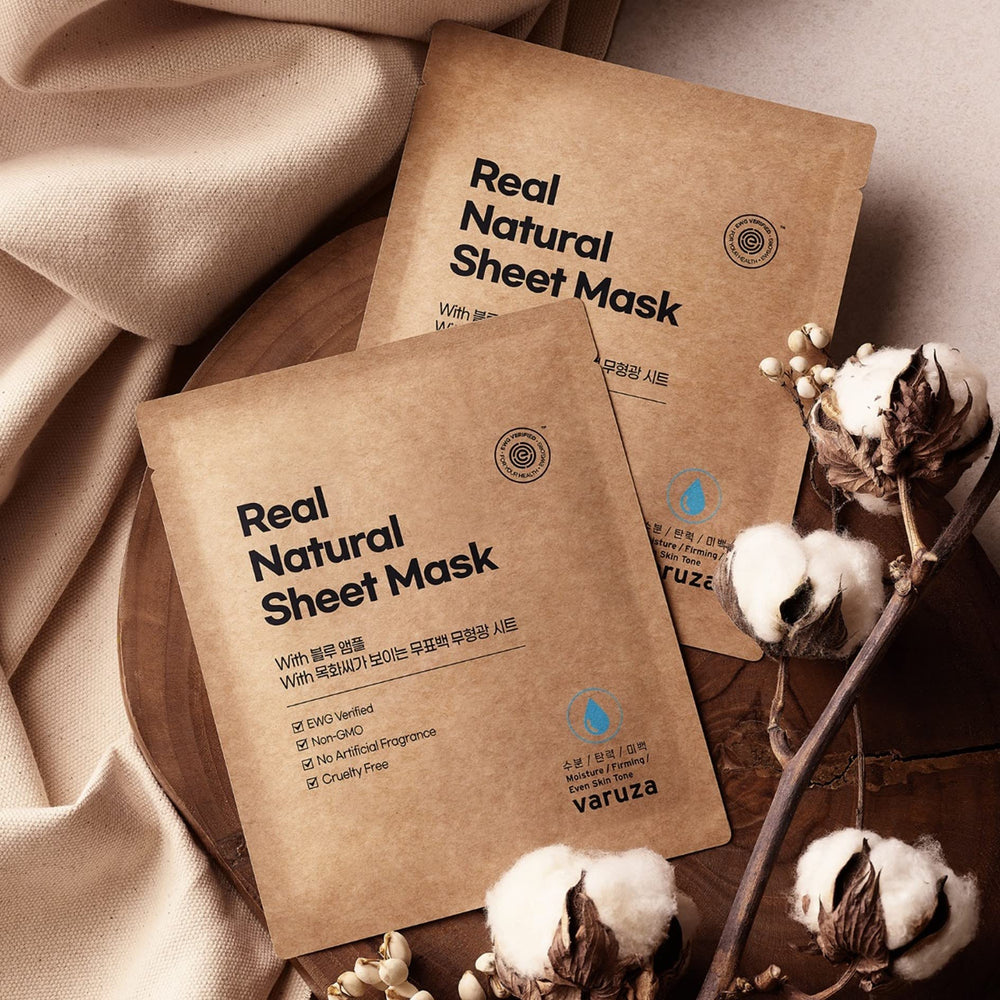 varuza Real Natural Sheet Mask applying on face demonstrates soothing hydration session.