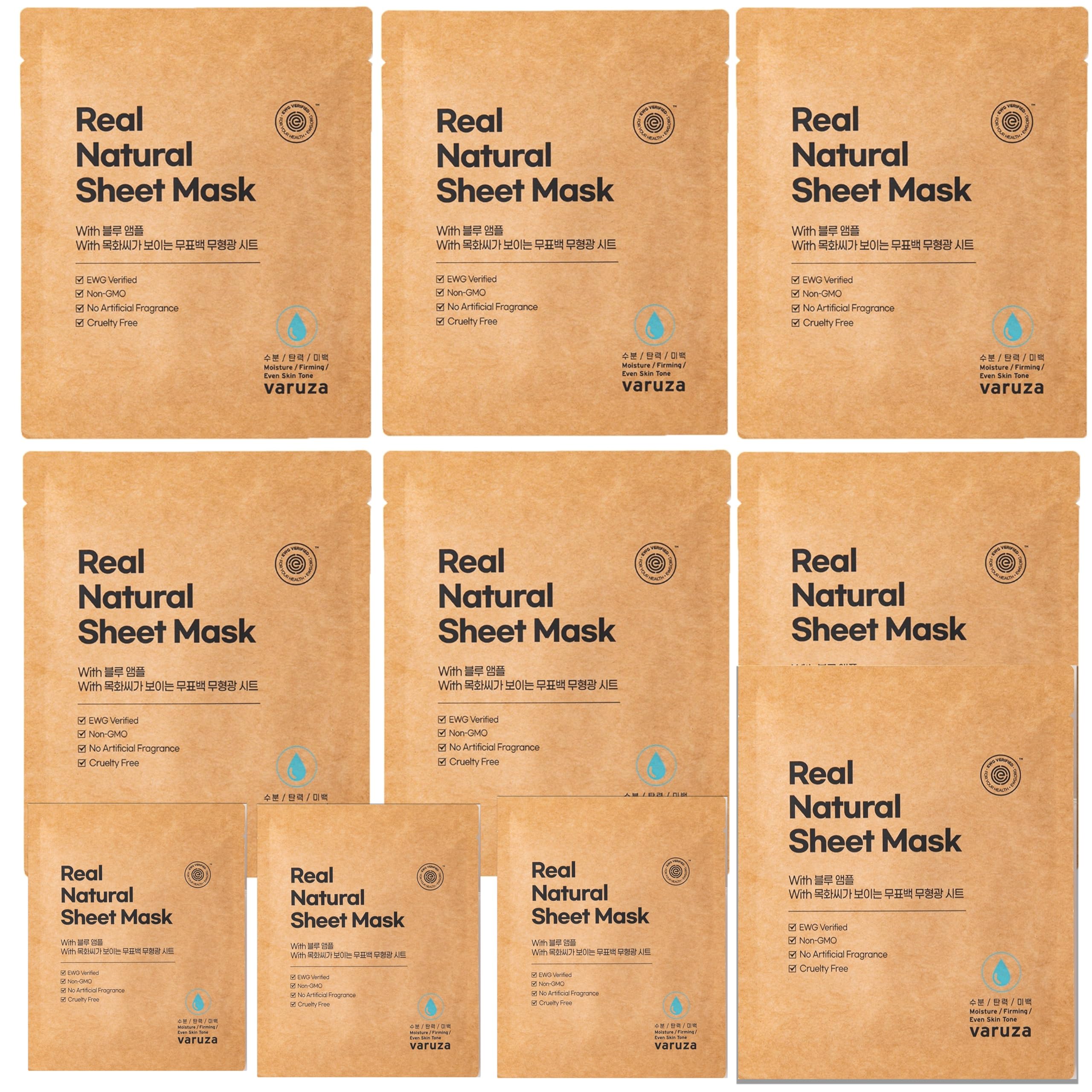 varuza Real Natural Sheet Mask packaging with blue ampoule highlighting hydration benefits.