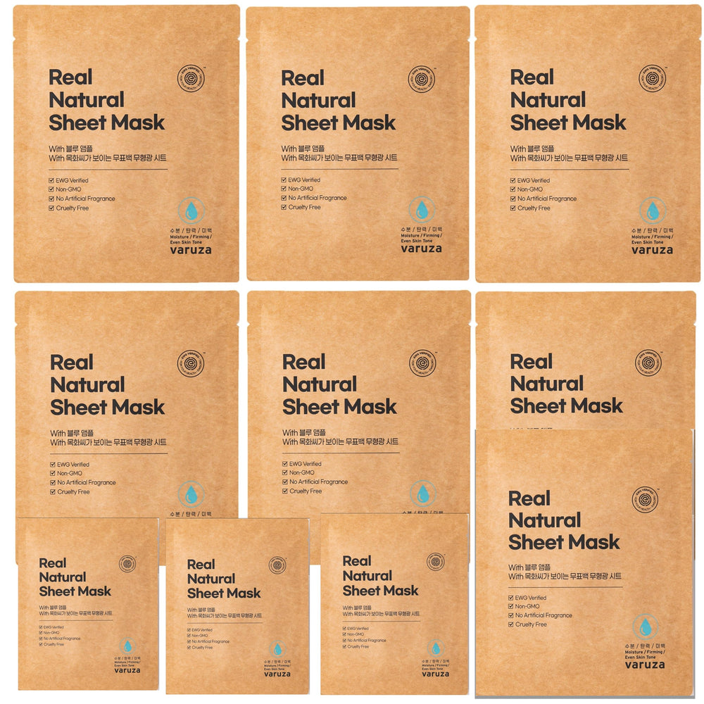 varuza Real Natural Sheet Mask packaging with blue ampoule highlighting hydration benefits.