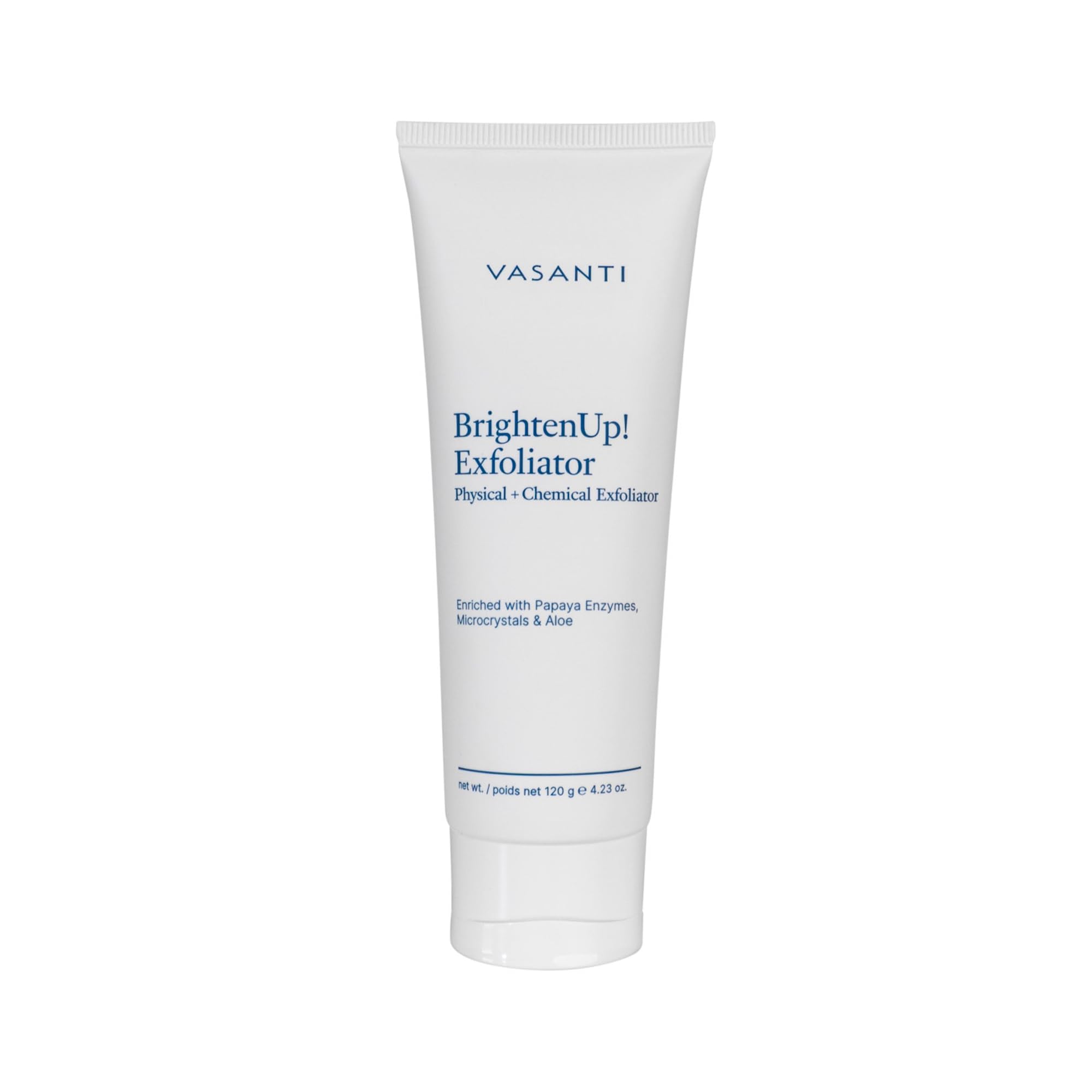 VASANTI Exfoliating Face Wash bottle shows papaya enzymes for radiant skin.