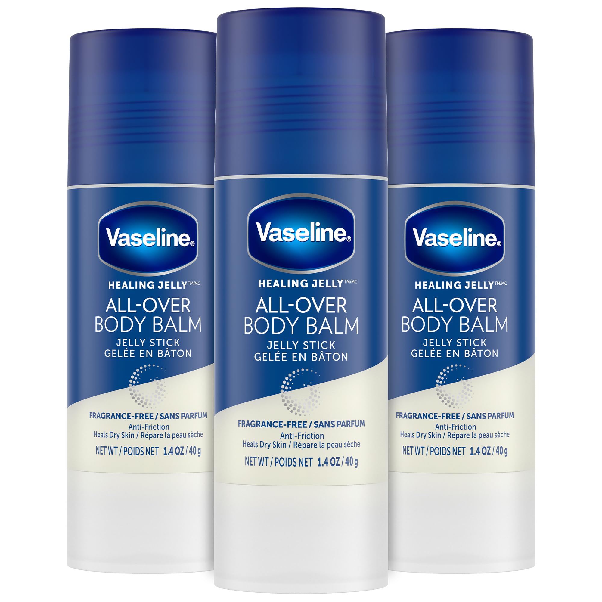 Vaseline all-over body balm stick 3-pack front view for on-the-go moisture.