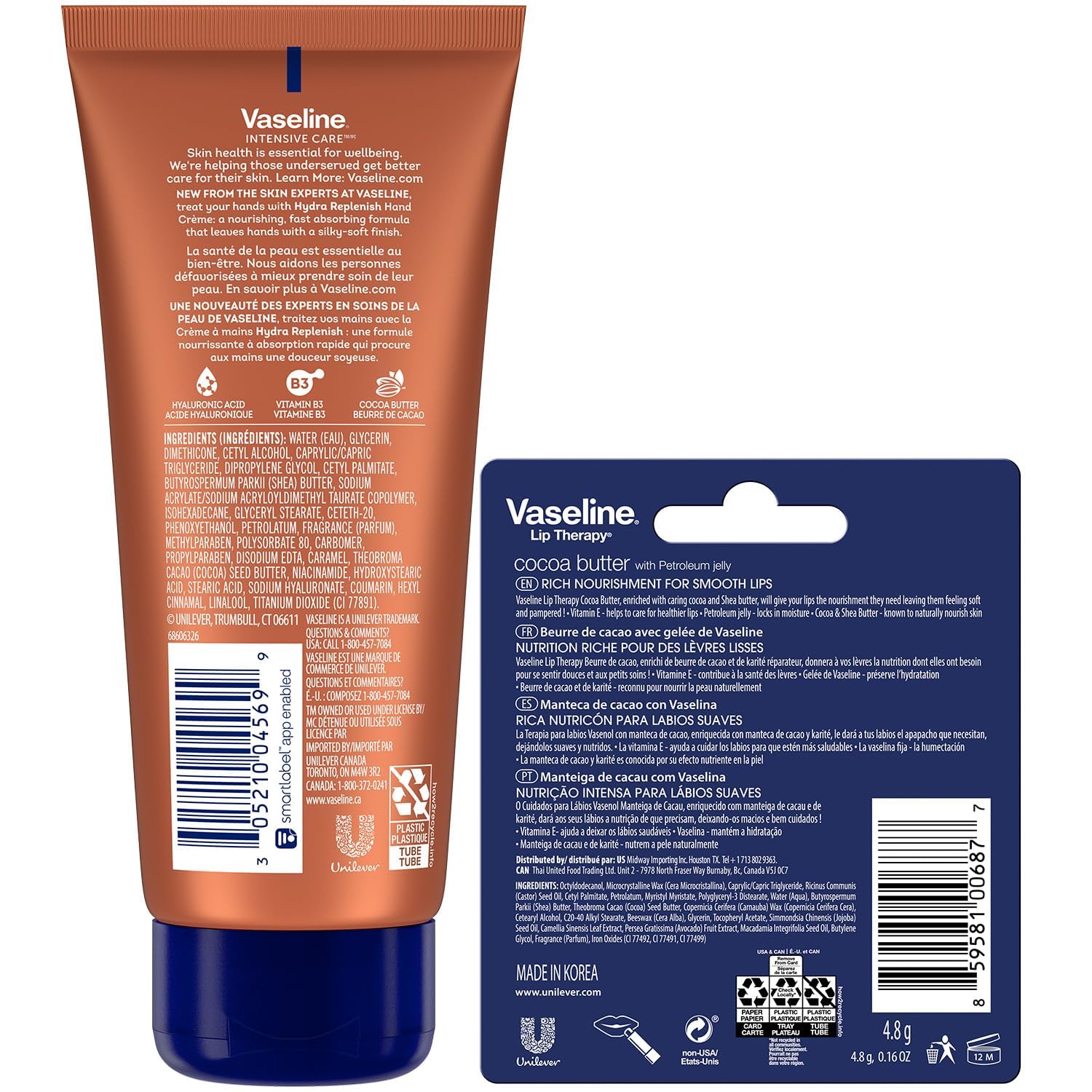 Vaseline balsamo labial cacao, alivio suave para labios secos.