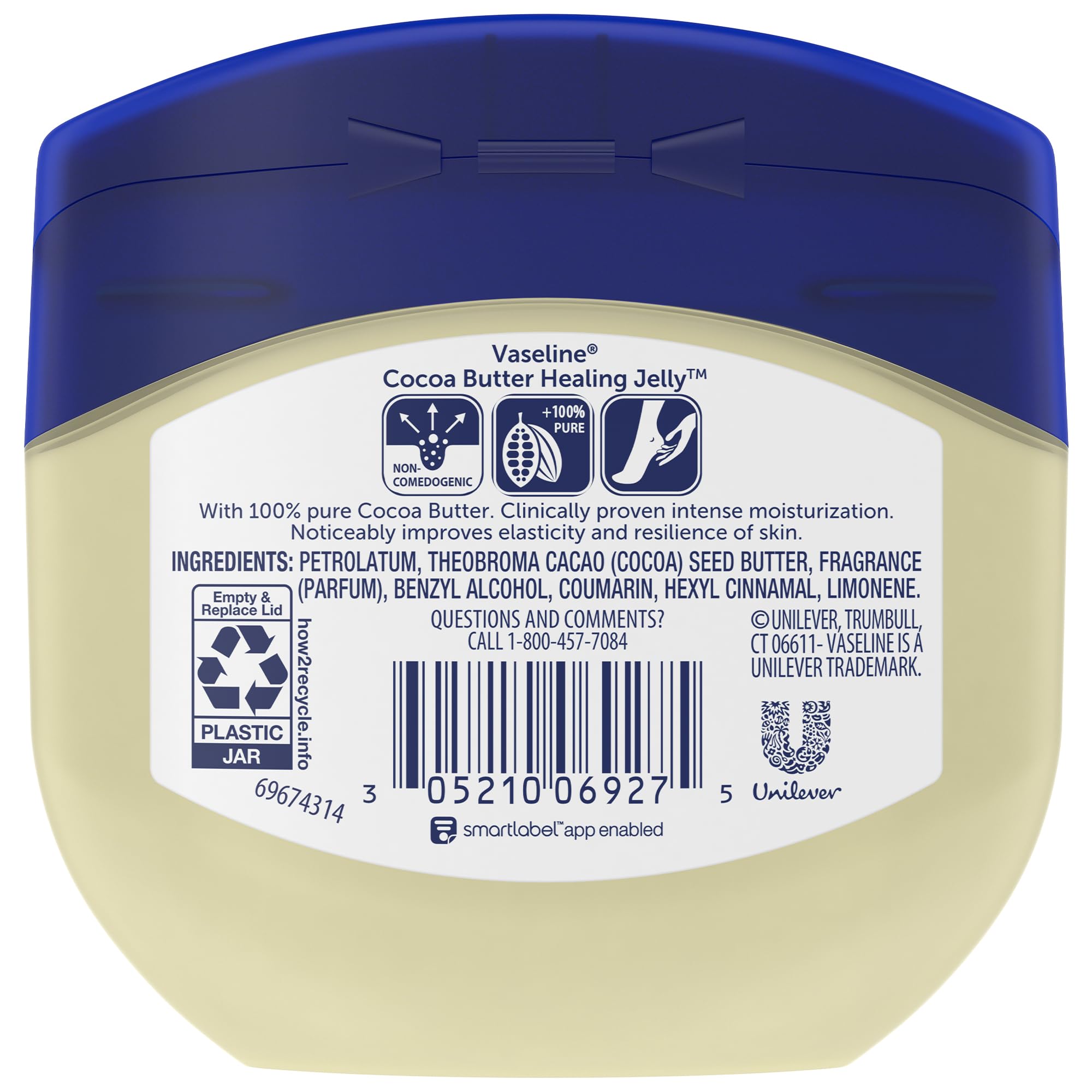 Vaseline Blueseal cocoa butter jelly texture swatch highlights creamy moisture.