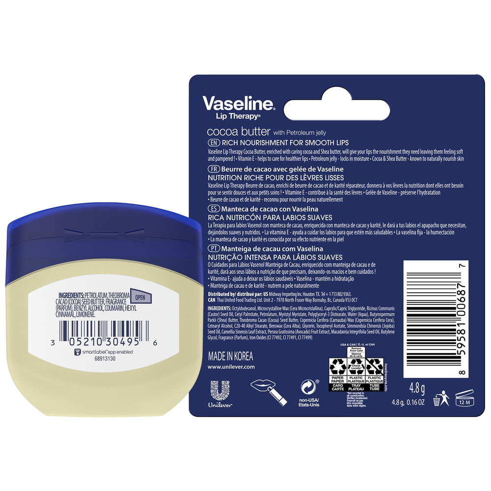 Vaseline Cocoa Butter Healing Jelly label confirms dermatologist-tested, non-comedogenic formula