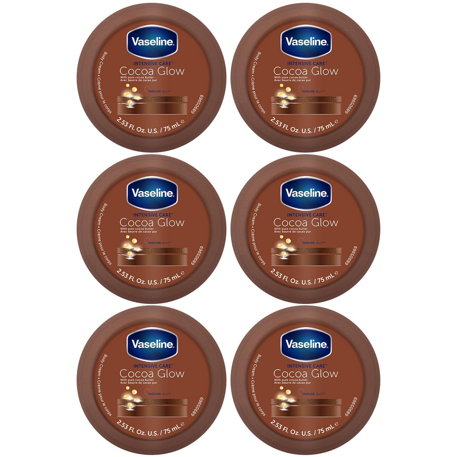 Vaseline Cocoa Glow pack shot with six travel-size tubes for soft skin.