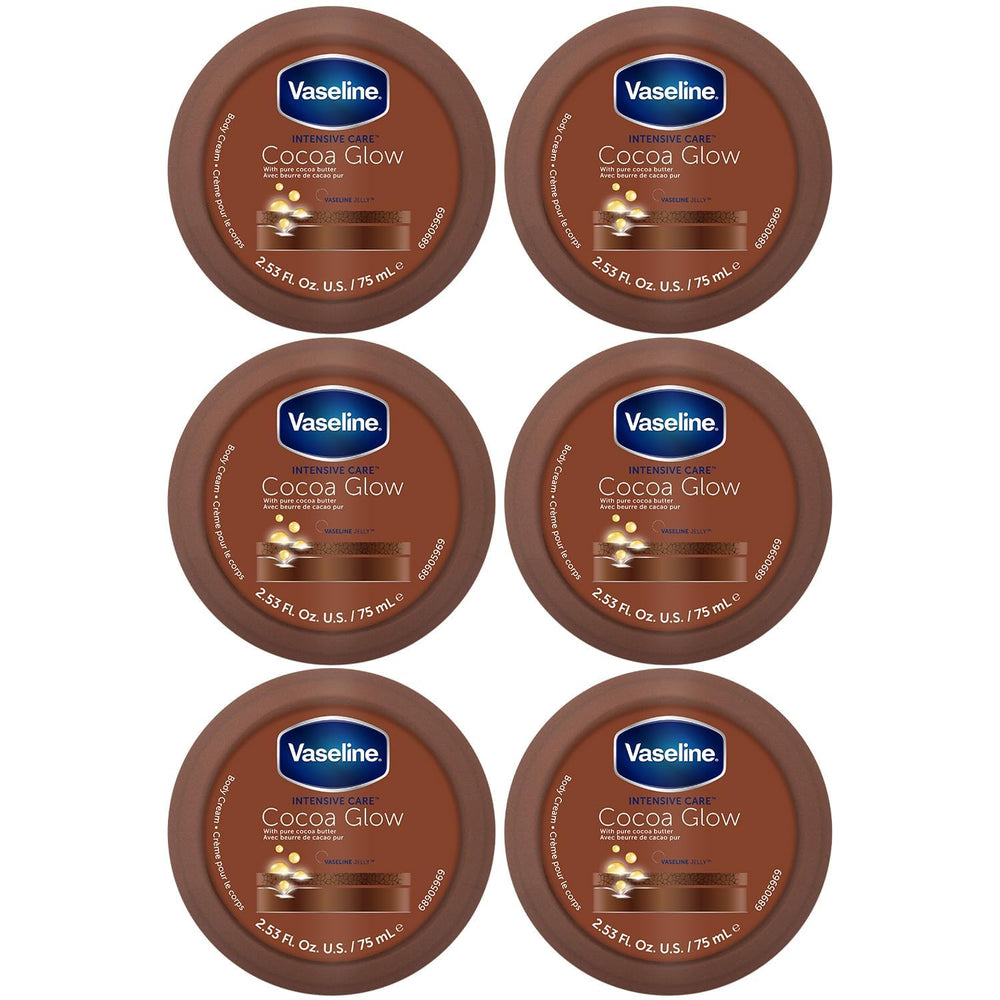 Vaseline Cocoa Glow pack shot with six travel-size tubes for soft skin.