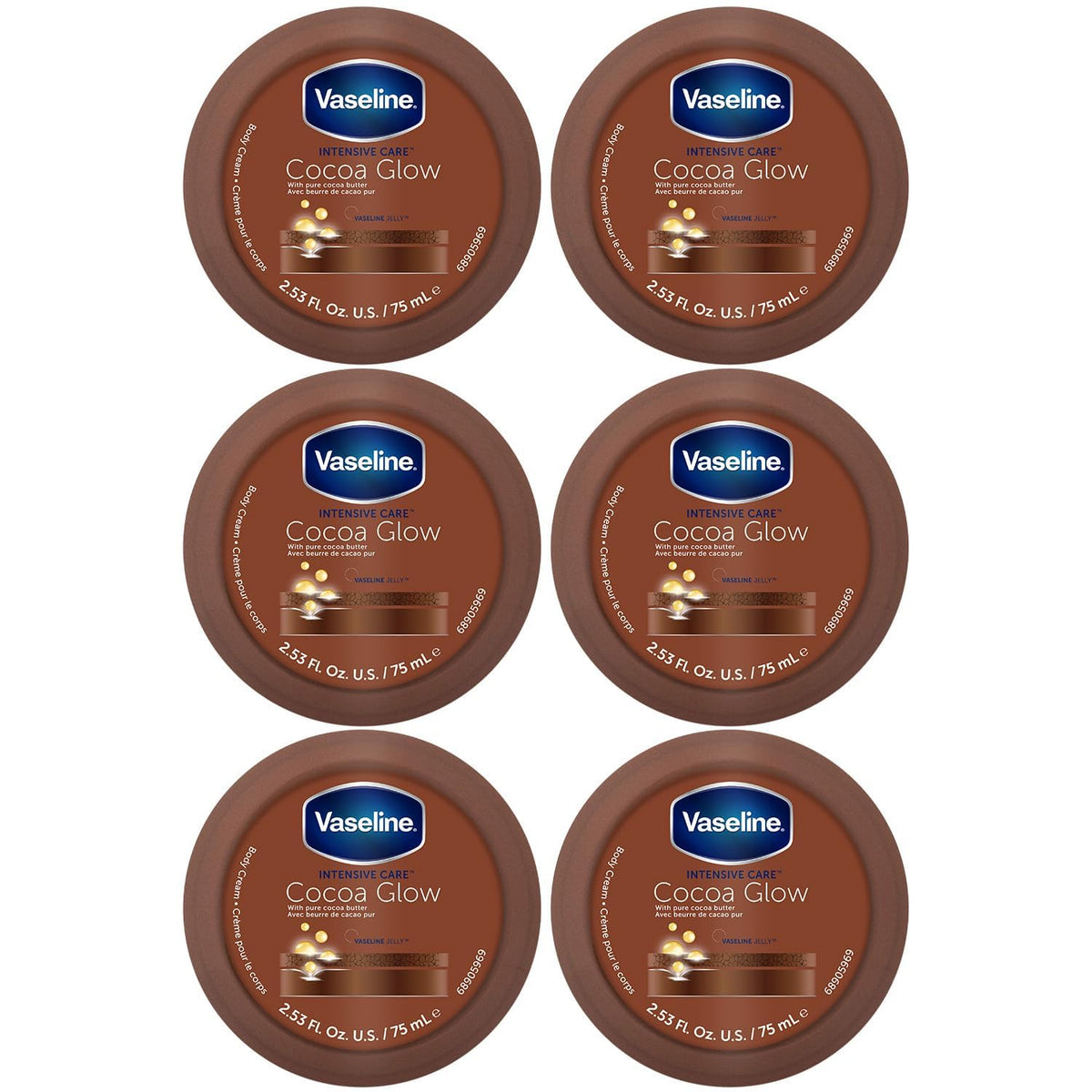 Vaseline Cocoa Glow pack shot with six travel-size tubes for soft skin.