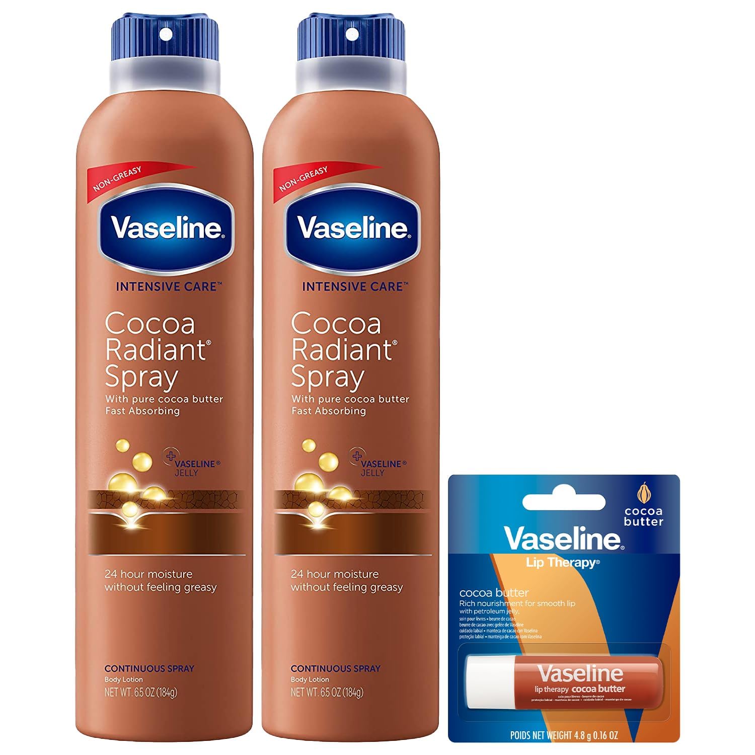 Vaseline Cocoa Radiant Spray bottle ready for quick, non-greasy moisture.