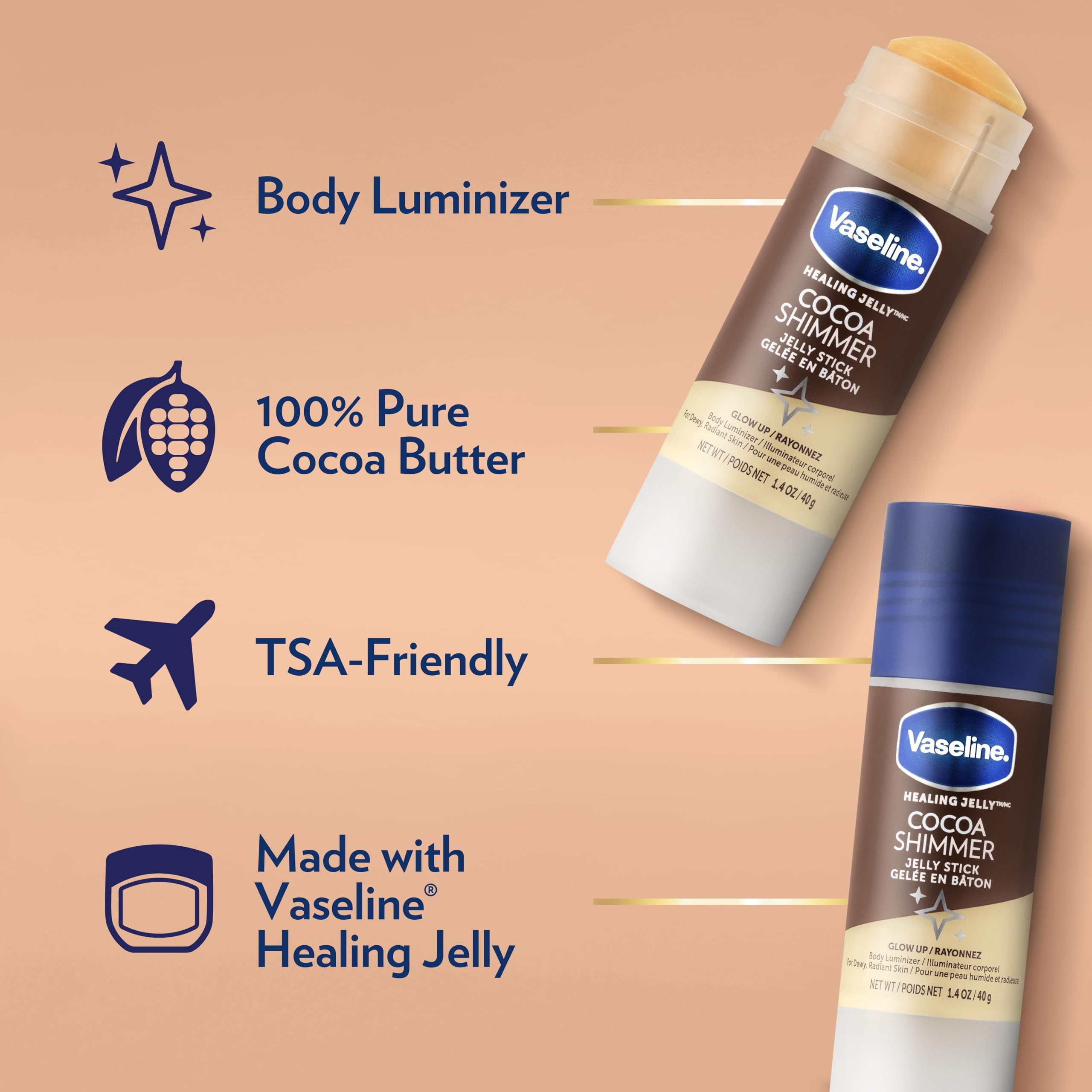 Vaseline Cocoa Shimmer Jelly Stick adds a subtle shimmer for radiant skin.