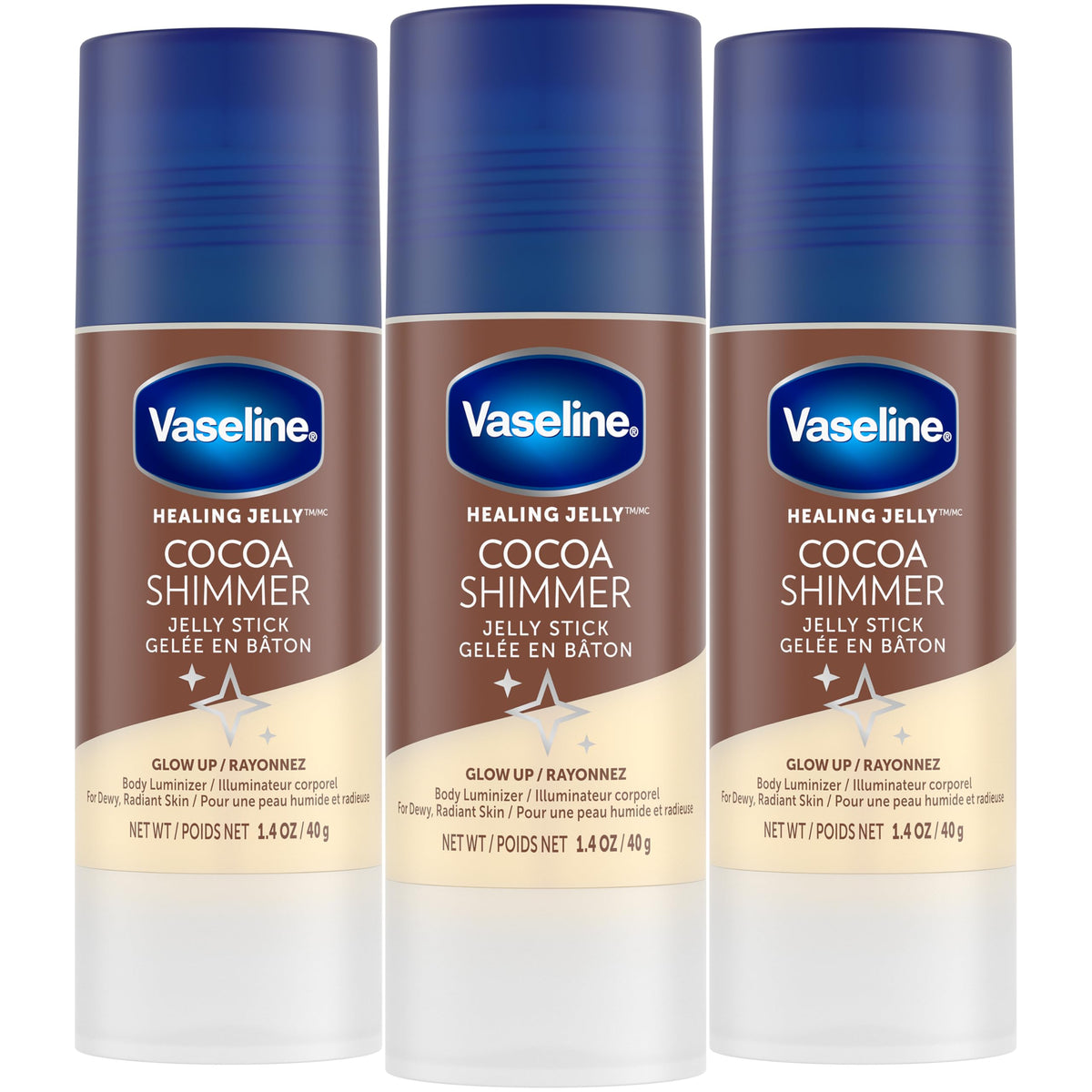 Vaseline Cocoa Shimmer Jelly Stick packaging highlights travel-friendly 3-pack for on-the-go moisture.