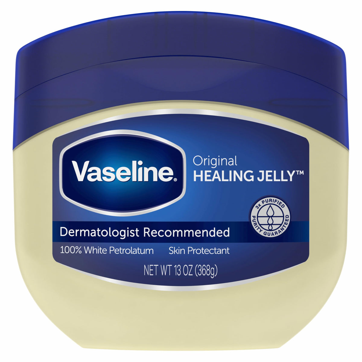 Vaseline jar front view showing label and 13 oz size for dependable moisture