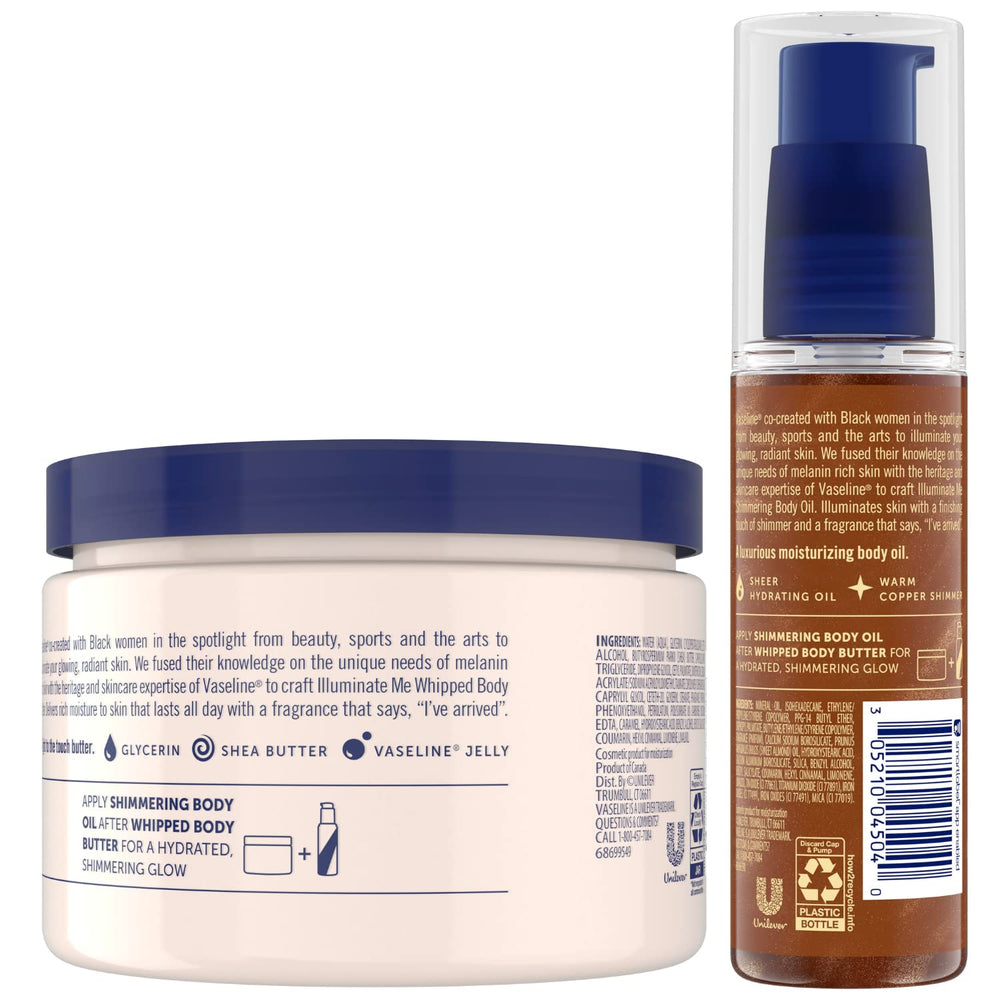 Vaseline Illuminate Me body oil bottle with copper shimmer glow.