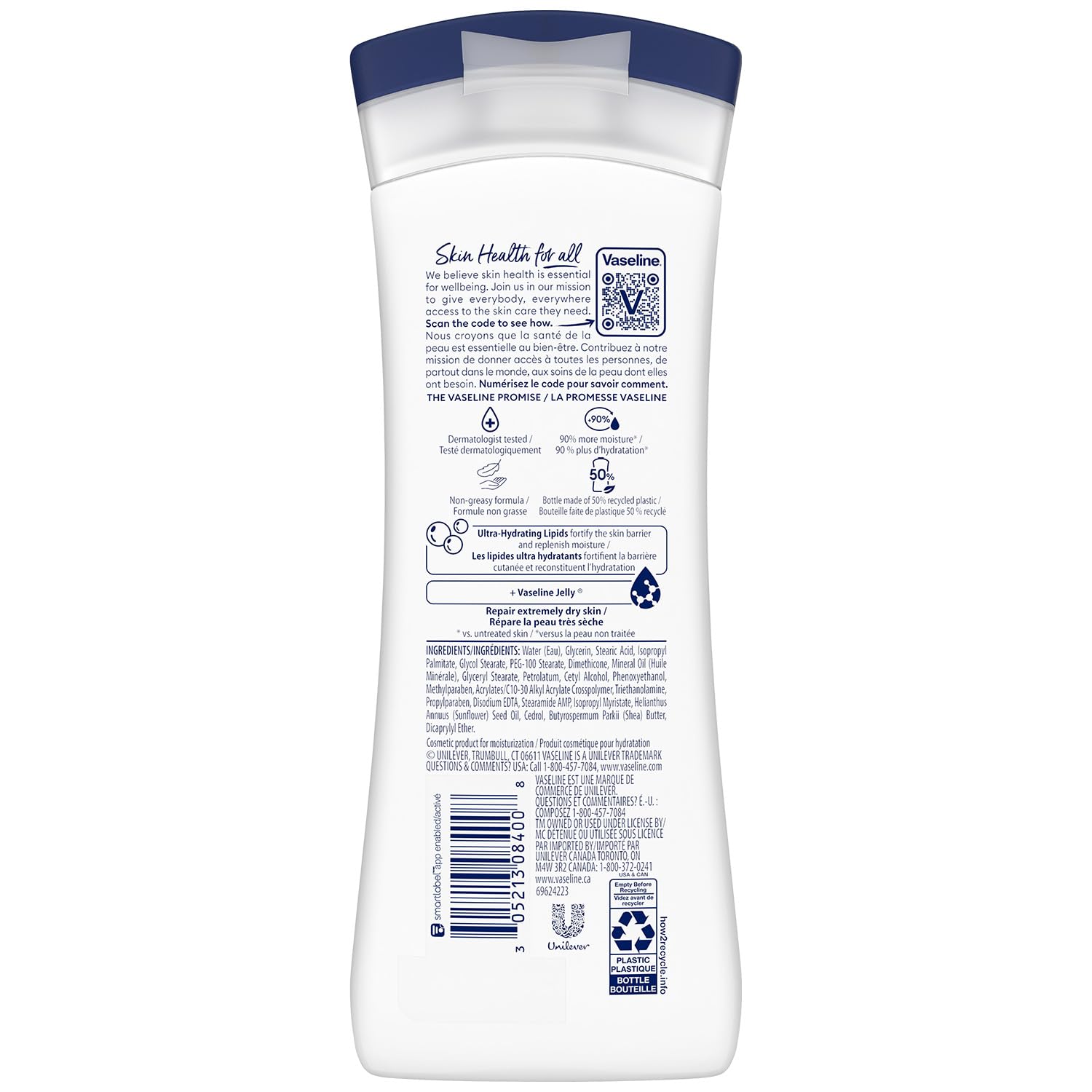 Vaseline Intensive Care Advanced Repair fragrance-free lotion packaging highlights 50% recycled bottle.