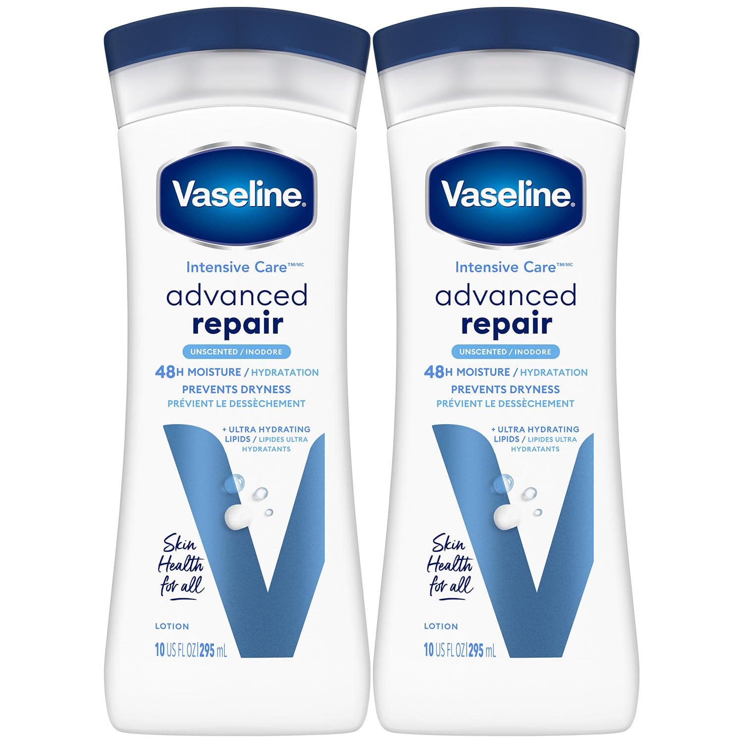 Vaseline Intensive Care Advanced Repair fragrance-free lotion 2-pack bottle for long-lasting hydration.